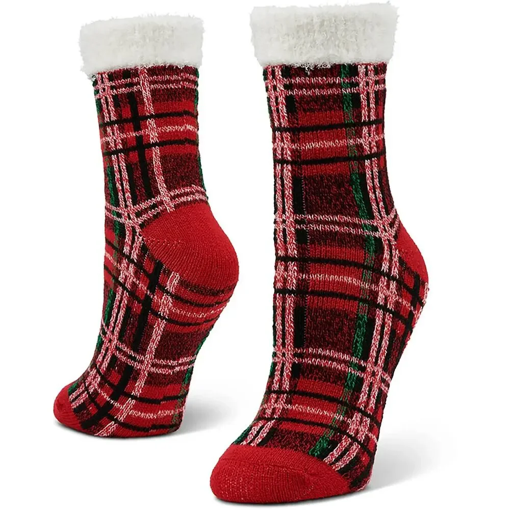 2 Pairs Magellan Outdoors Lodge Crew Socks Pink Geo Red Plaid Aloe Infused 6-10